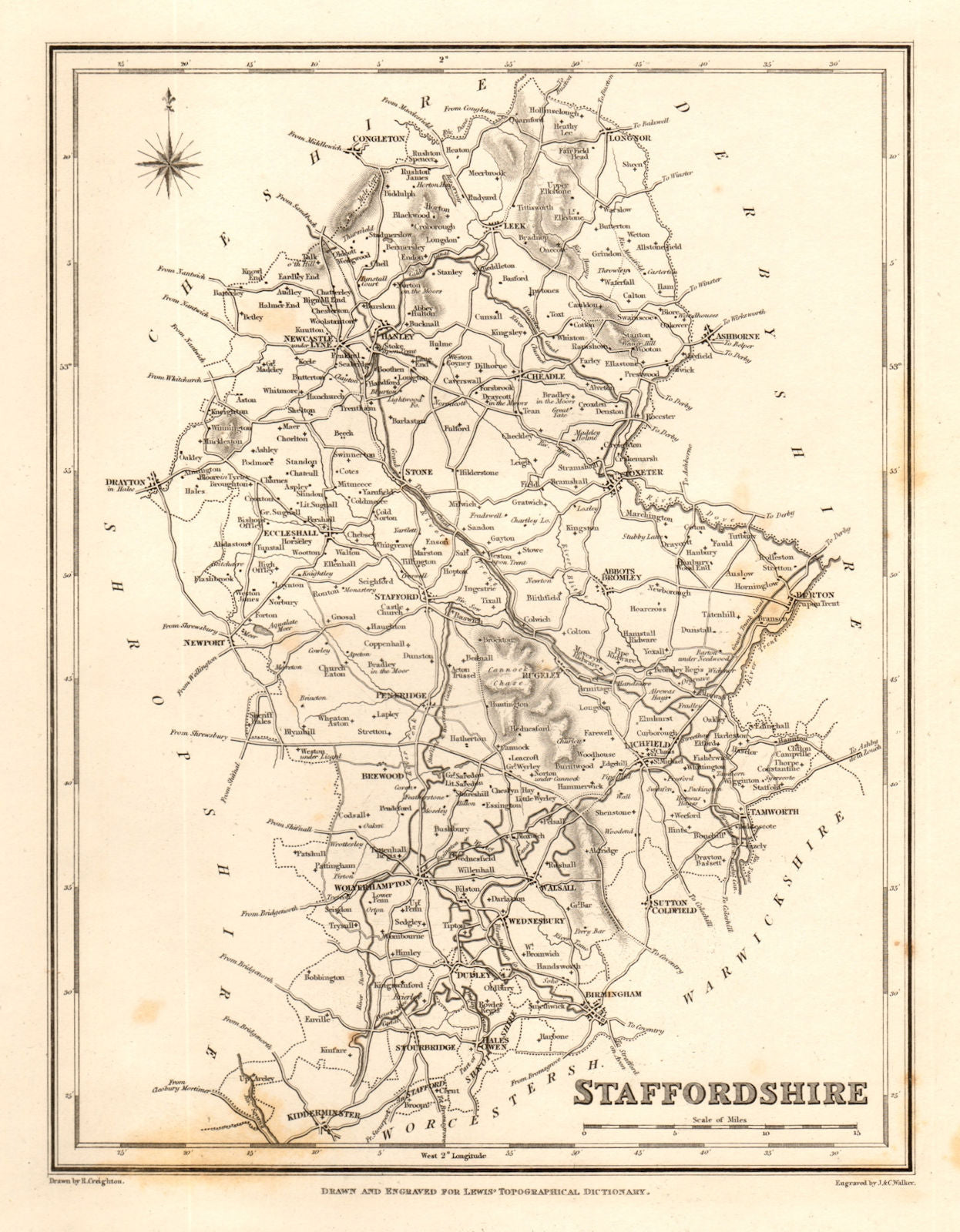 Antique county map of STAFFORDSHIRE by Walker & Creighton for Lewis c1840